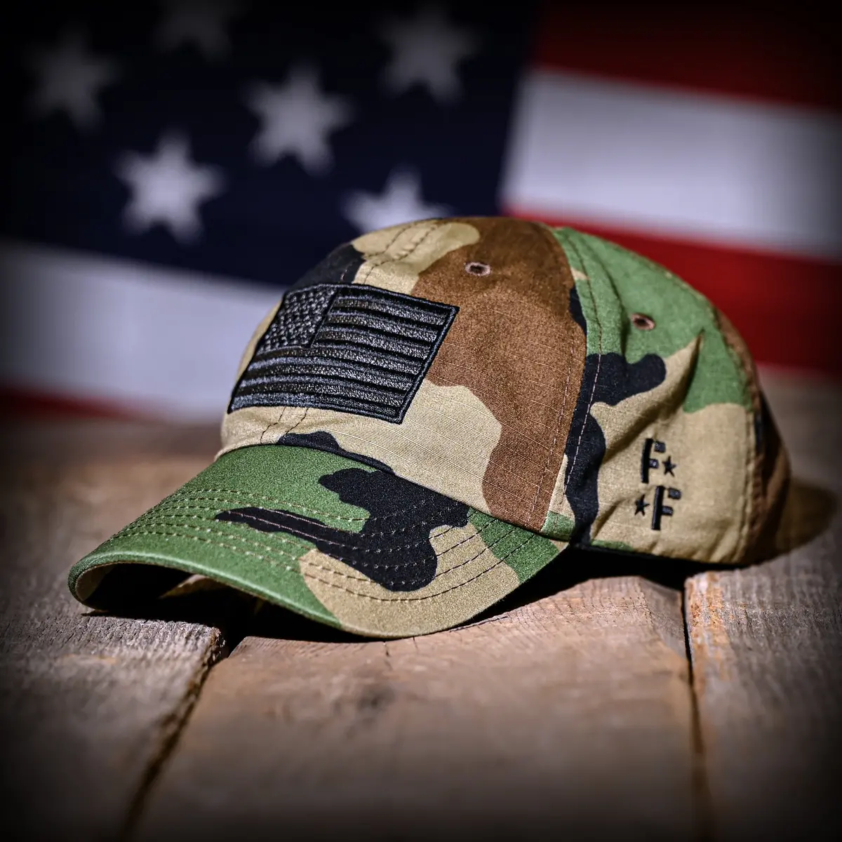 Woodland Camo Full Fabric American Flag Range Hat 1
