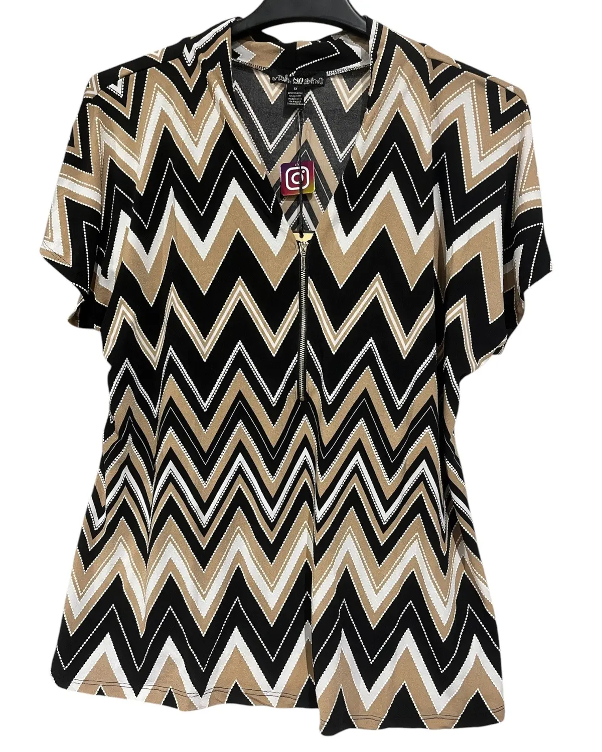 80 Park, Women's, Short Sleeve, V Neck, Half Zip, Plus Size, Blouse, Black, Taupe 1