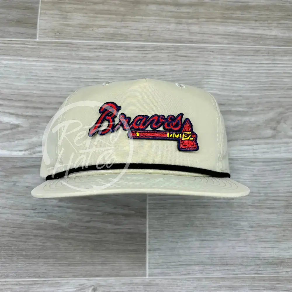 Atlanta Braves Patch On Beige Retro Hat W/Black Rope 1