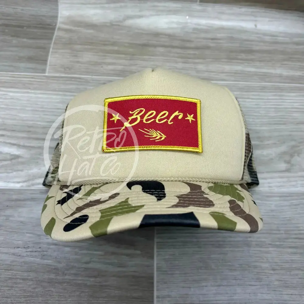 Beer Wheat Patch On Solid Front Beige / Camo Meshback Trucker Hat 1