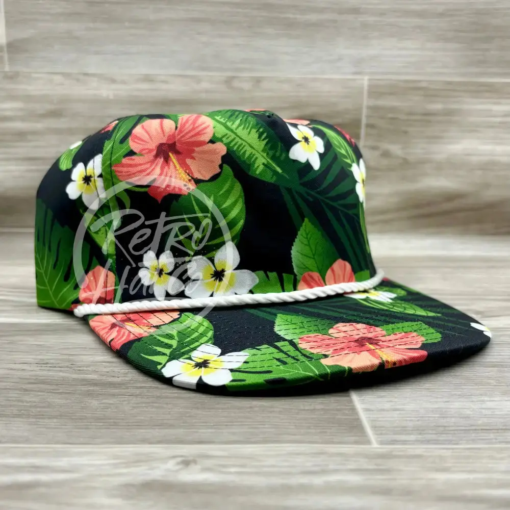 Black Hawaiian Strapback Hat W/White Rope 1