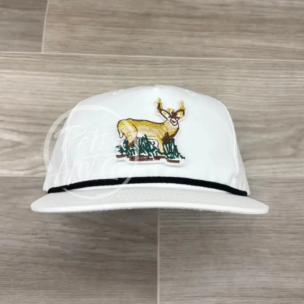 Buck / Deer (Full) Patch On White Retro Hat W/Black Rope 1