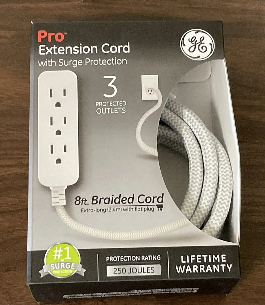 Ge Pro Extension Cord With Surge Protection 8 Ft Braided Cord 3 Outlets 1