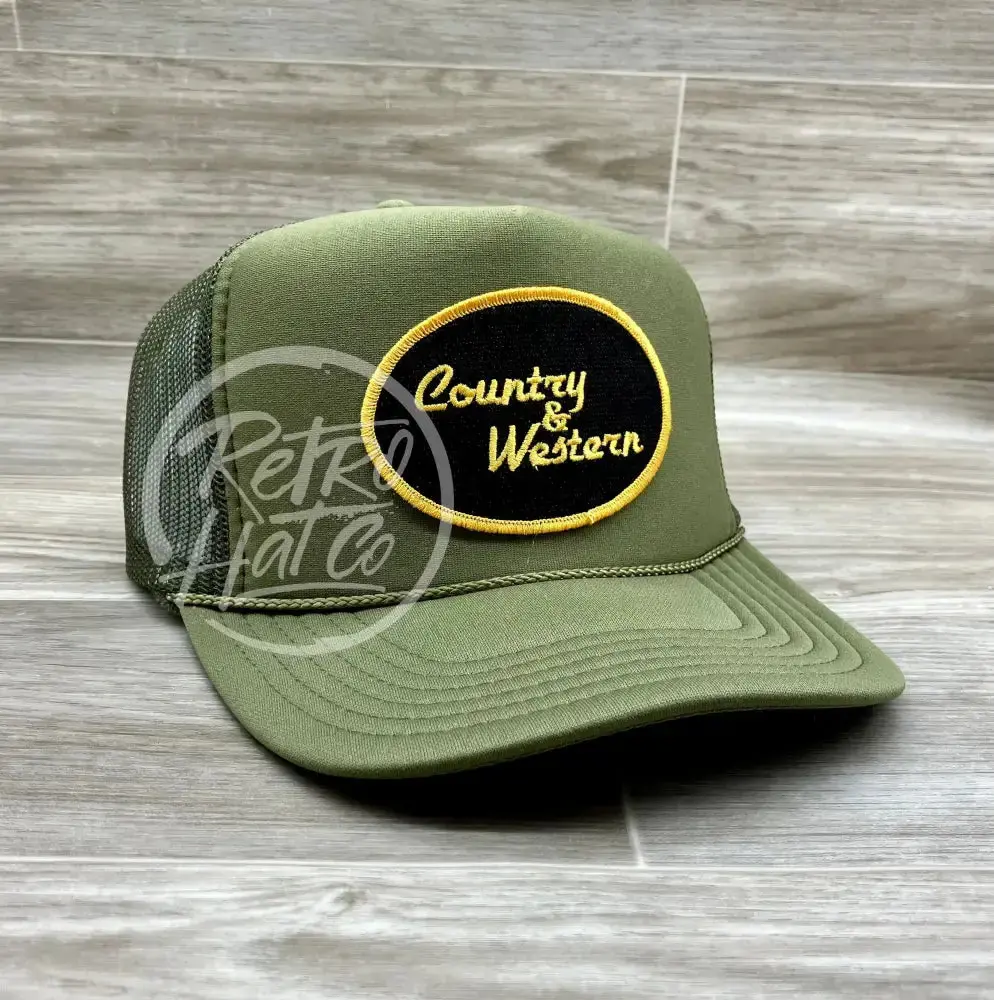 Country & Western Patch On Olive Meshback Trucker Hat 1
