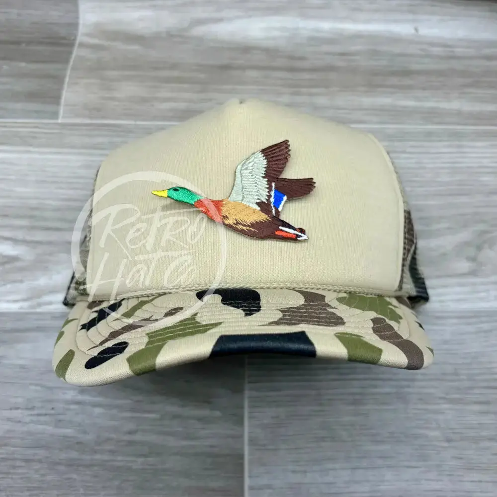 Duck / Mallard Patch On Solid Front Beige / Camo Meshback Trucker Hat 1