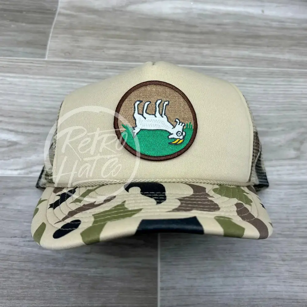 Fainting Goat On Solid Front Beige / Camo Meshback Trucker Hat 1