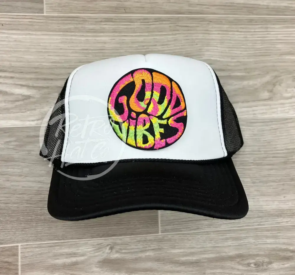 Good Vibes On Black/White Meshback Trucker Hat 1