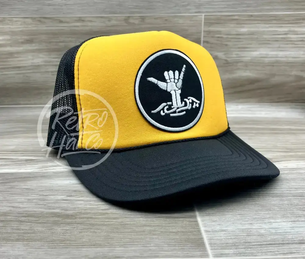 Hang Loose / Shakra Skeleton Patch On Gold/Black Trucker Hat With Snapback 1