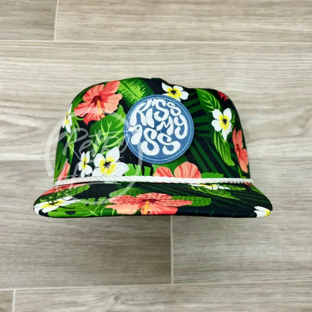 Kiss My Ass Patch On Black Hawaiian Retro Rope Hat W/Leather Strap Back 1