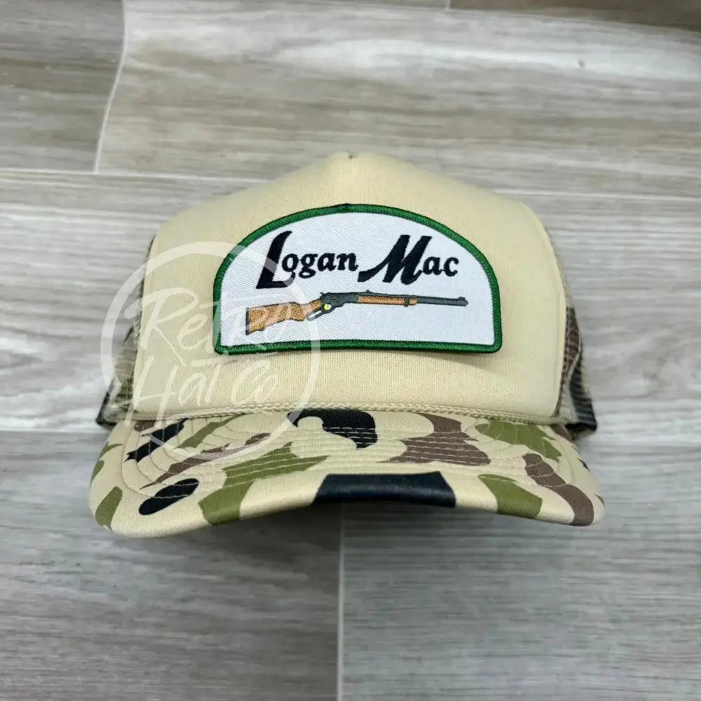 Logan Mac Rifle Patch On Solid Front Beige / Camo Meshback Trucker Hat 1
