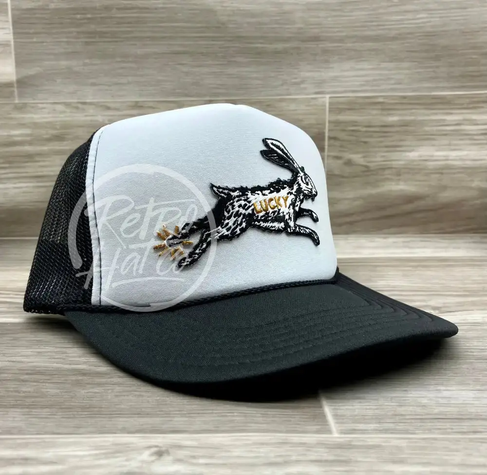 Lucky Rabbit On Black/White Meshback Trucker Hat 1