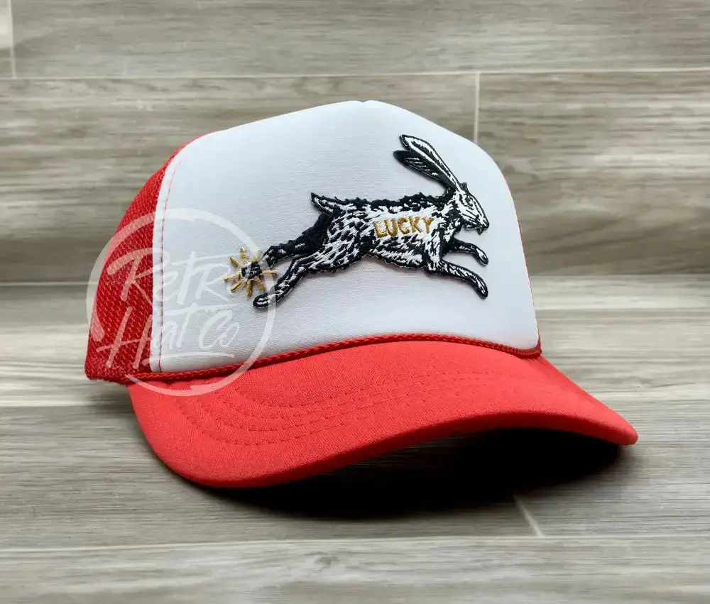 Lucky Rabbit On Red/White Meshback Trucker Hat 1