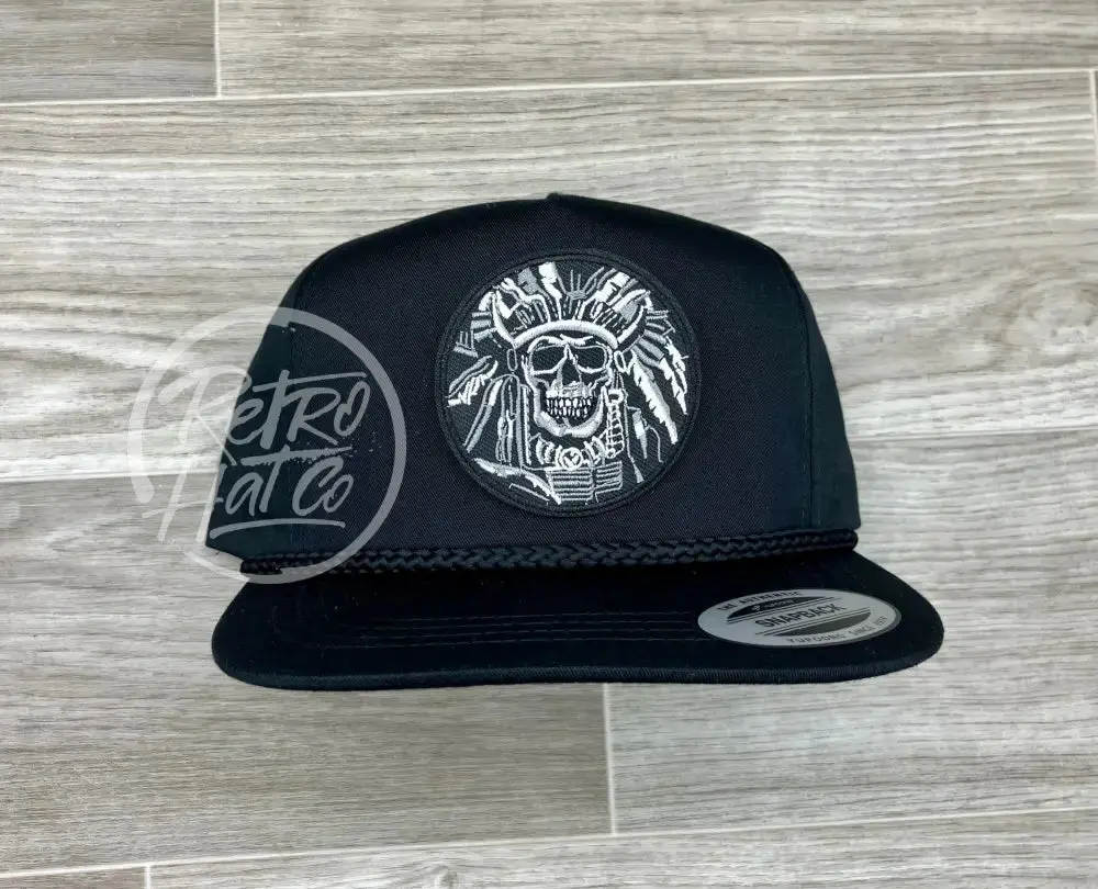 Native Chief / Headdress Skull  On Black Classic Rope Hat 1