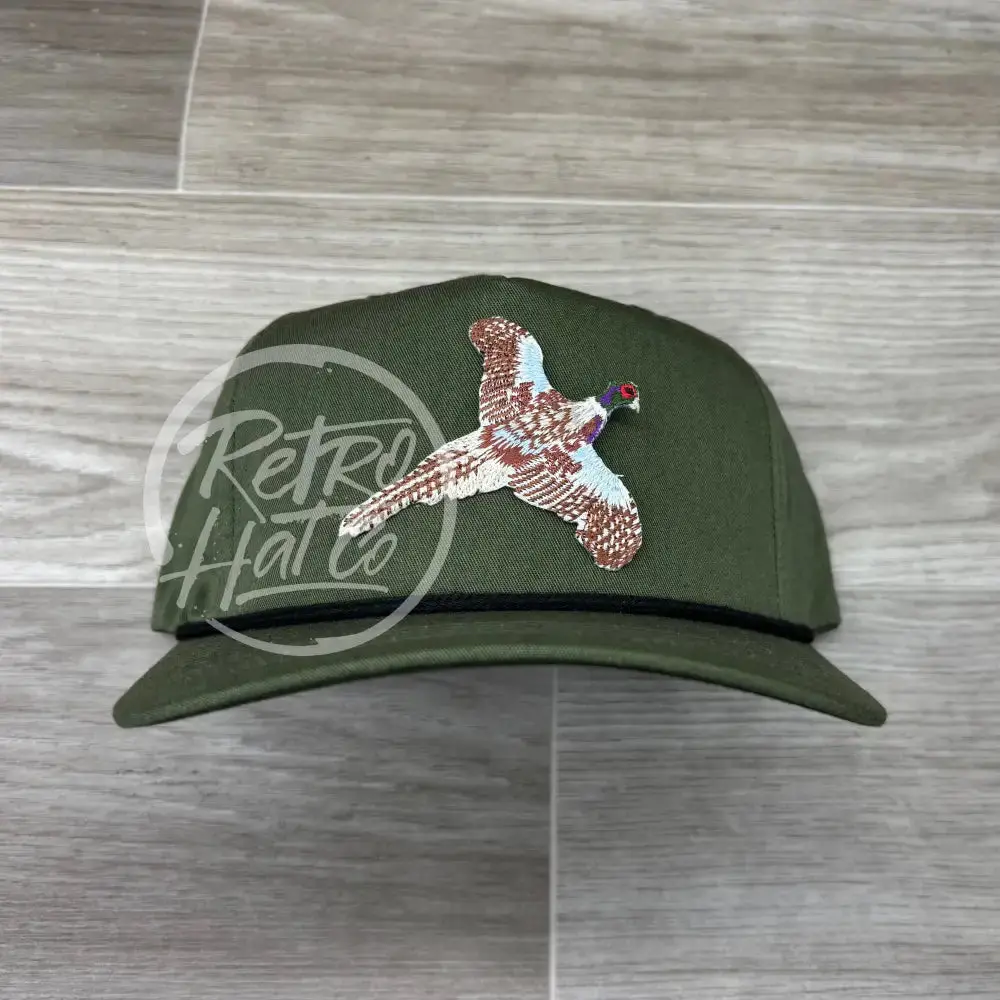 Pheasant Patch On Olive Retro Hat W/Black Rope 1