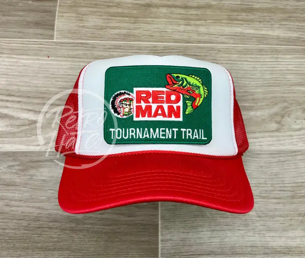 Red Man Tournament Trail Bass Fishing Patch On Red/White Meshback Trucker Hat 1