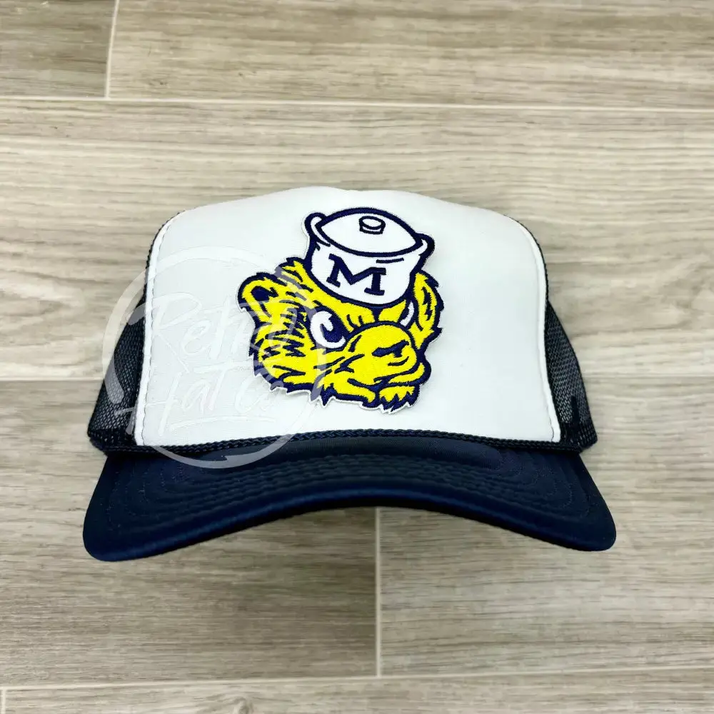 Retro 1940S-60S Michigan Wolverines Patch On Navy/White Meshback Trucker Hat 1