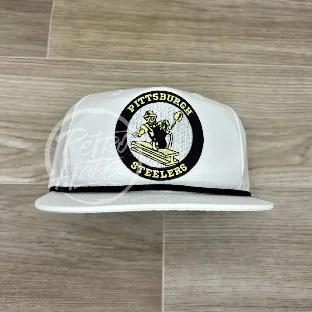 Retro 60S Pittsburgh Steelers Circle Patch On White Retro Hat W/ Black Rope 1