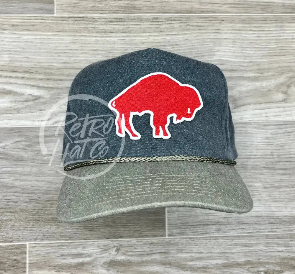 Retro 70S Buffalo Bills (Big Red) On Stonewashed Charcoal/Sand Retro Rope Hat 1