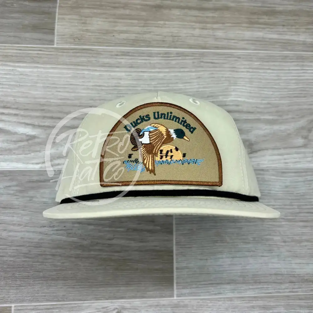Retro Ducks Unlimited On Beige Retro Hat W/Black Rope 1