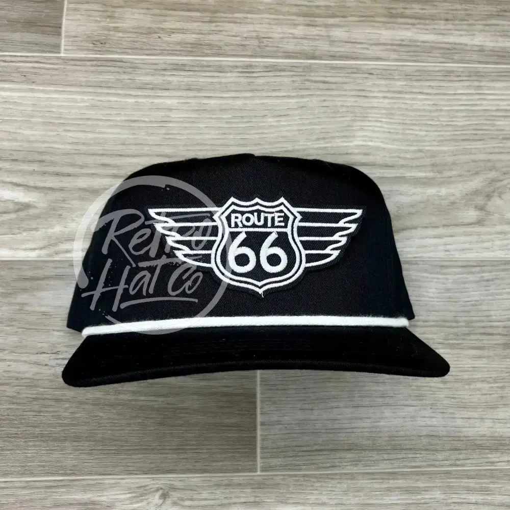 Route 66 Wings Patch On Black Retro Hat W/White Rope 1