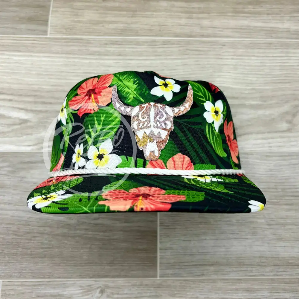 Southwest Pastel Cow Skull Patch On Black Hawaiian Retro Rope Hat W/Leather Strap Back 1
