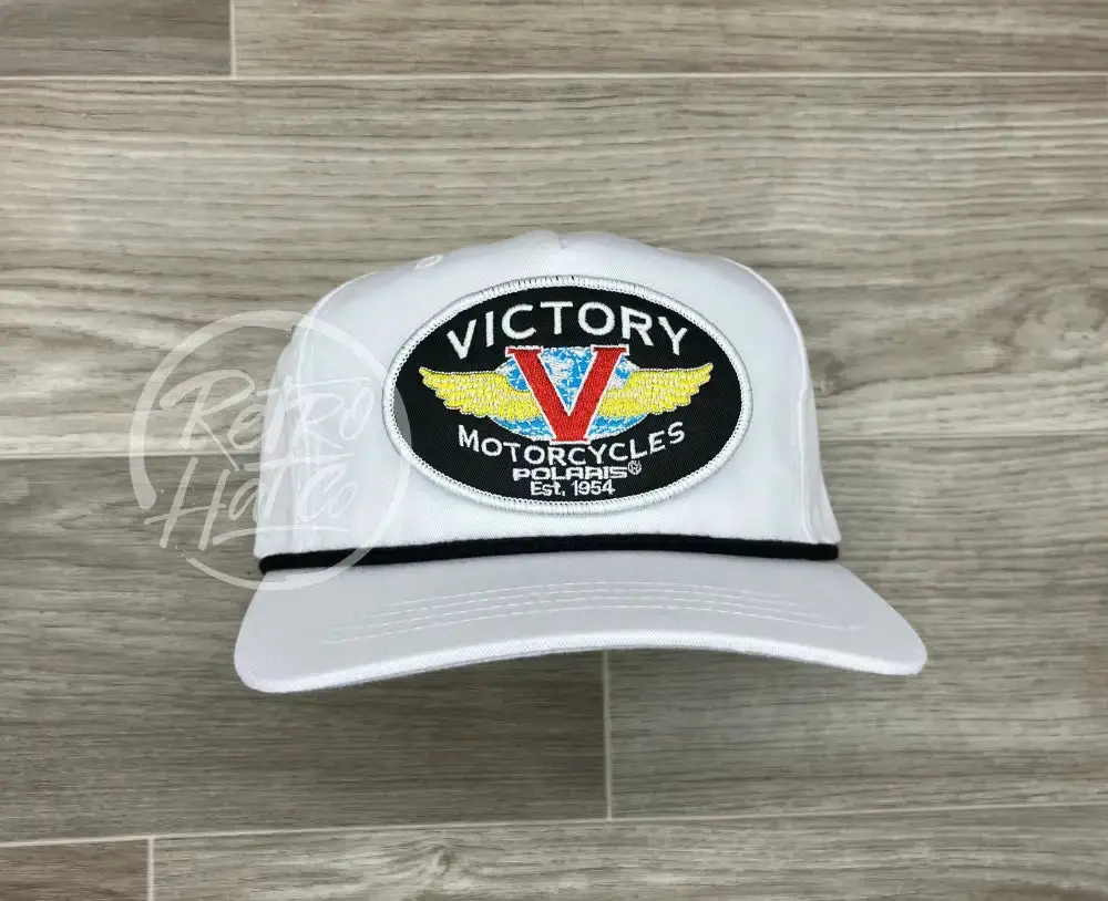 Victory Motorcycle Biker Patch On White Retro Hat W/Black Rope 1