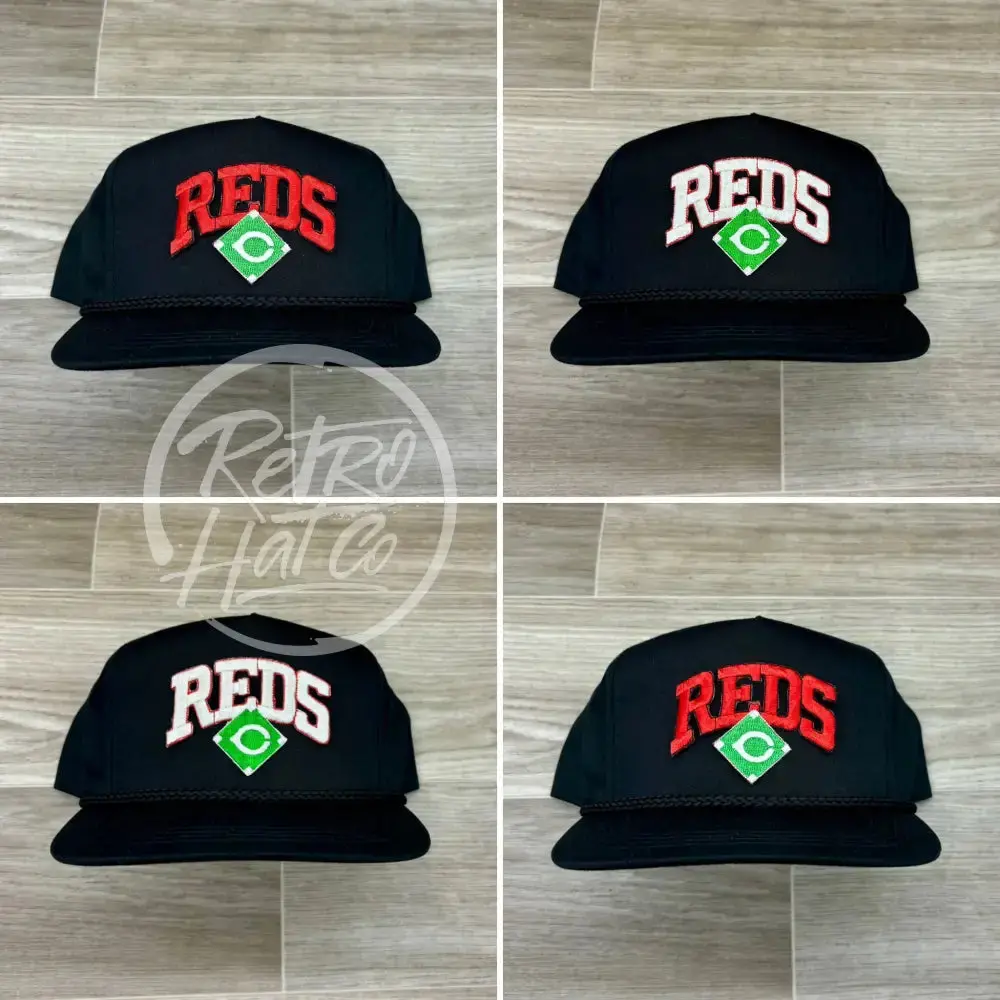 Vintage 90S Cincinnati Reds Patch On Black Classic Retro Rope Hat 1