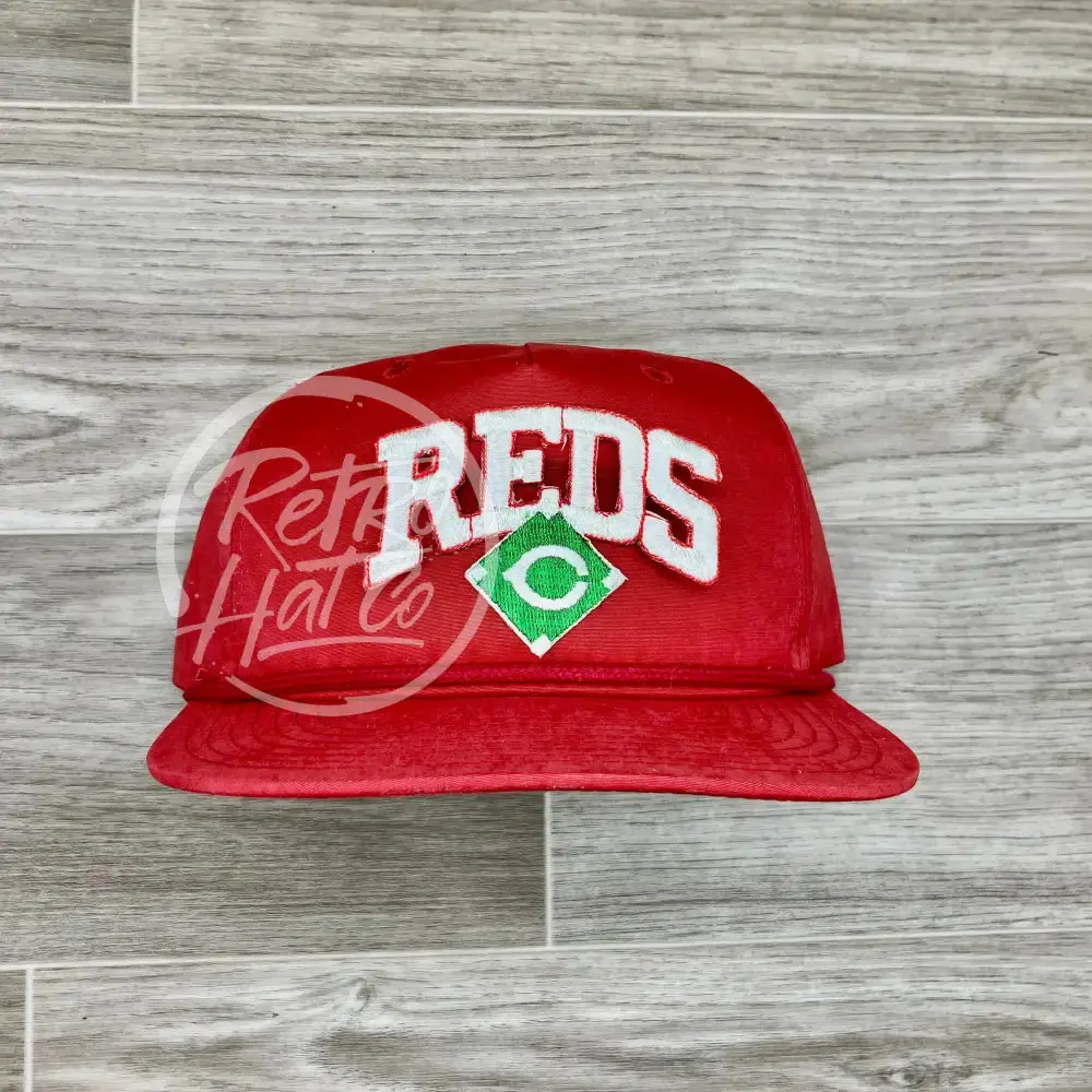 Vintage 90S Cincinnati Reds (White) Patch On All Red Retro Rope Hat 1