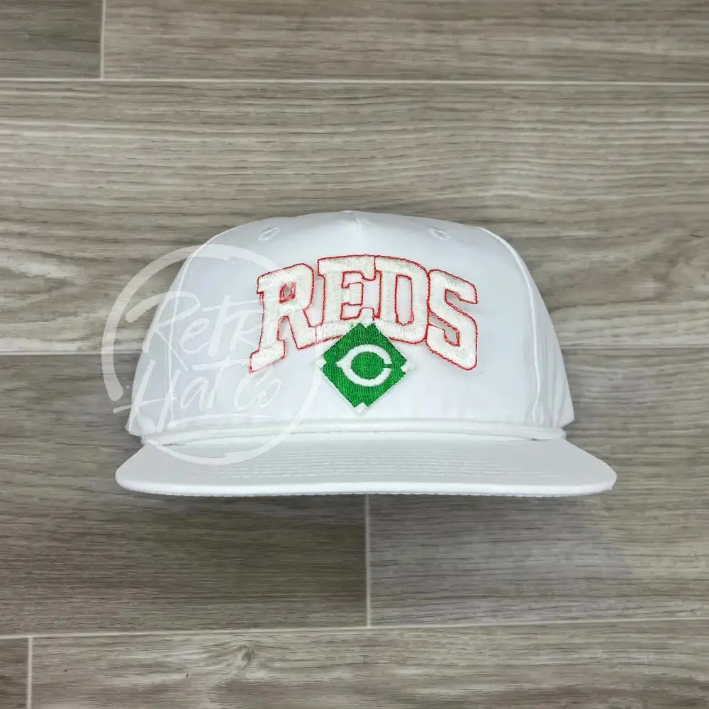 Vintage 90S Cincinnati Reds (White) Patch On Solid White Retro Rope Hat 1