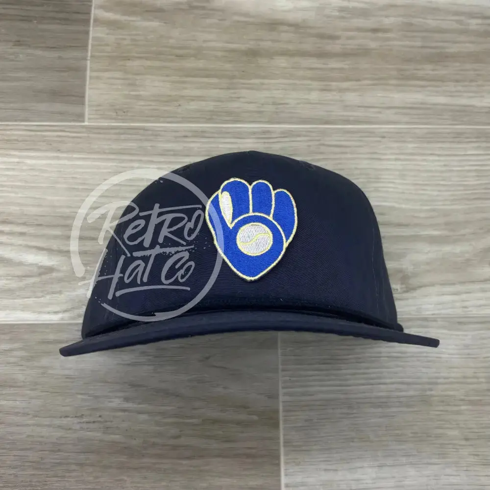 Vintage 90S Milwaukee Brewers Patch On Solid Navy Blue Retro Rope Hat 1