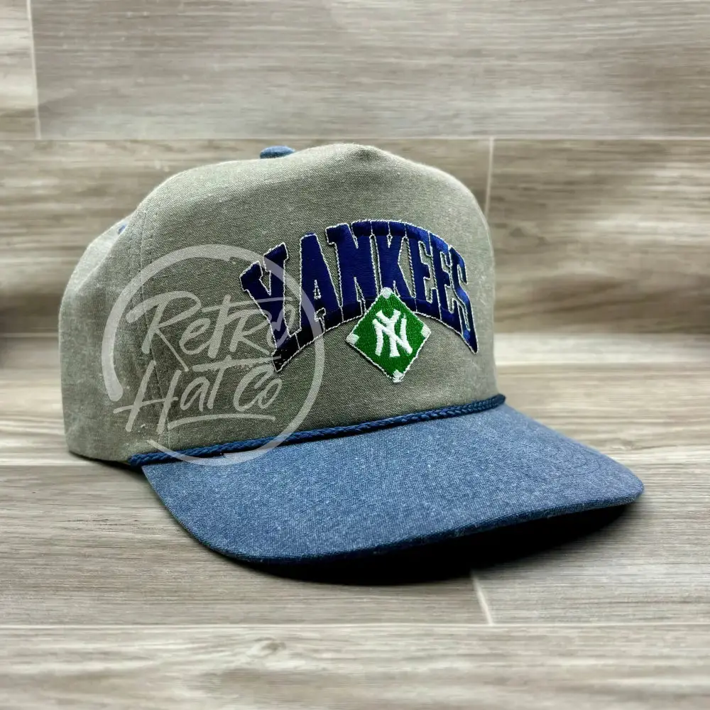 Vintage 90S New York Yankees (Navy Arch) Patch On Stonewashed Sand/Indigo Retro Rope Hat 1