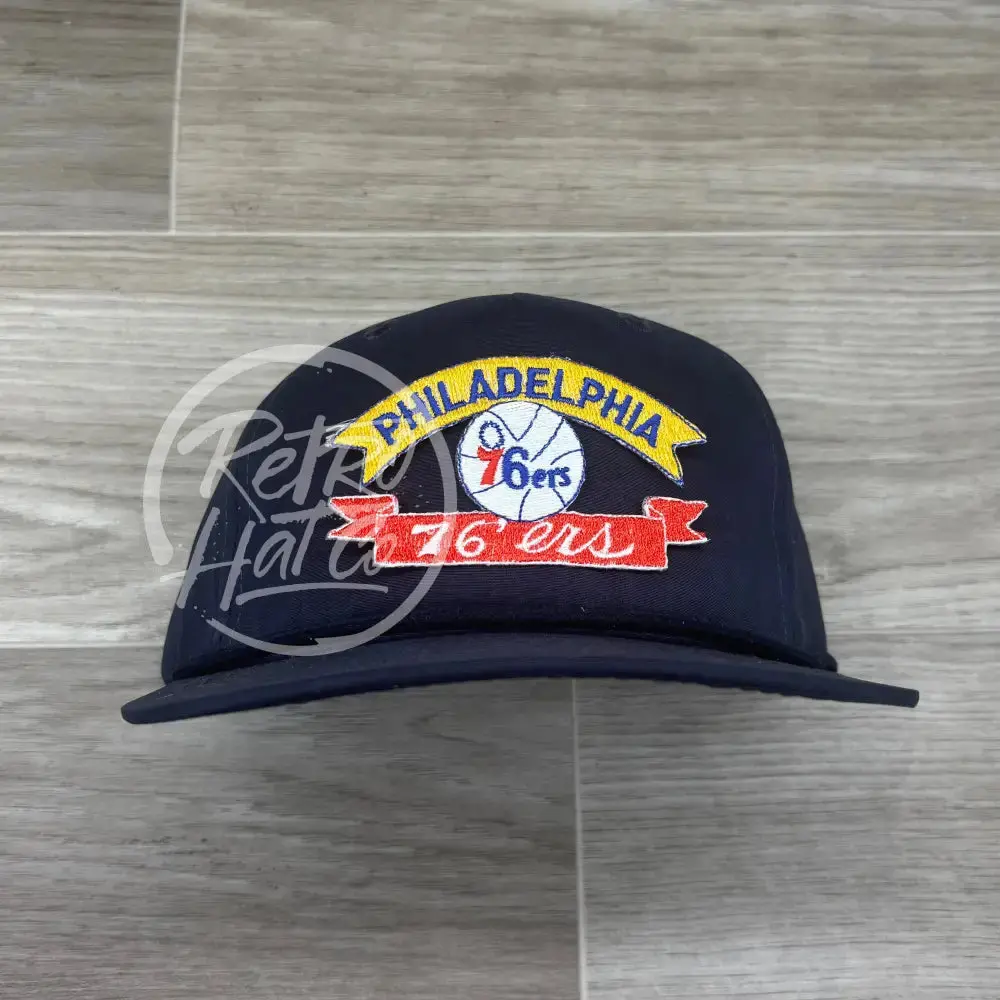 Vintage 90S Philadelphia 76Ers Patch On Solid Navy Blue Retro Rope Hat 1