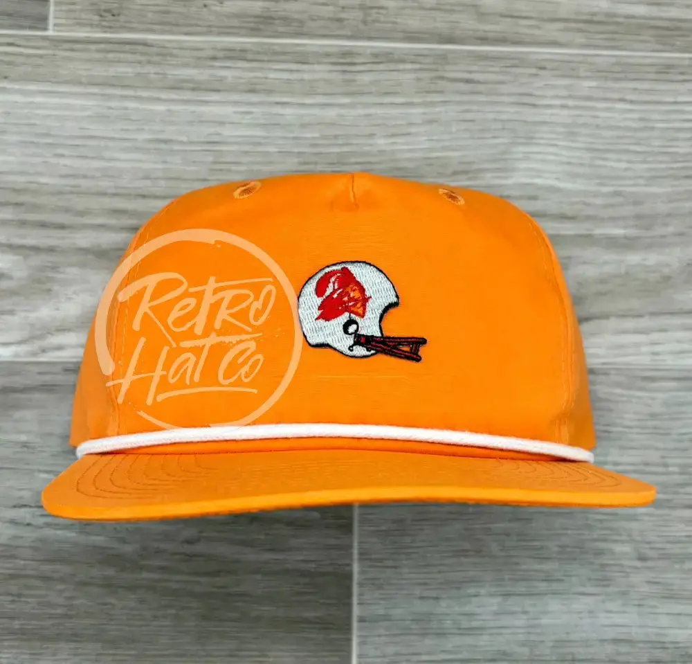 Vintage 90S Tampa Bay Buccaneers Helmet Patch On Bright Orange Retro Hat W/White Rope 1
