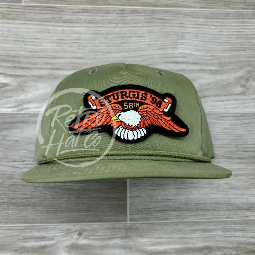 Vintage ‘98 Sturgis Orange Eagle Patch On Olive Retro Rope Hat 1