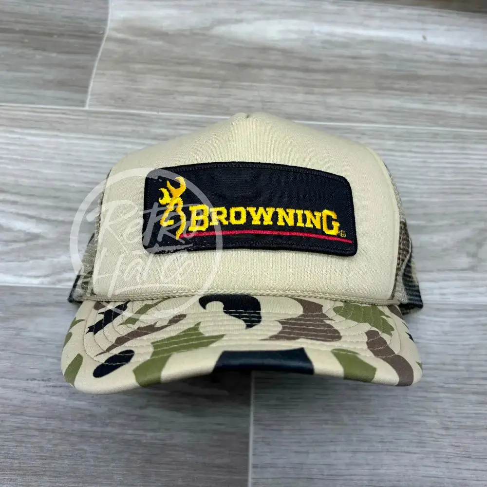 Vintage Browning Patch On Solid Front Beige / Camo Meshback Trucker Hat 1