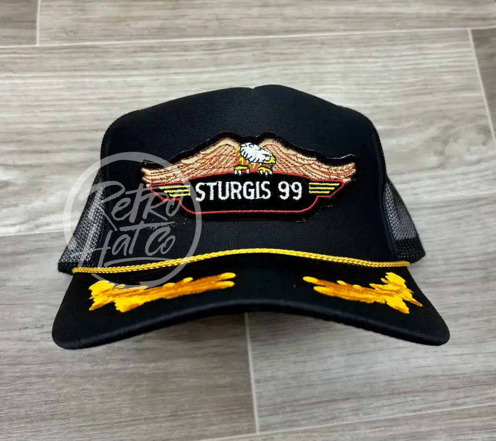 Vintage Sturgis ‘99 Biker Rally / Eagle Patch On Black Retro Meshback Trucker Hat W/Scrambled Eggs 1