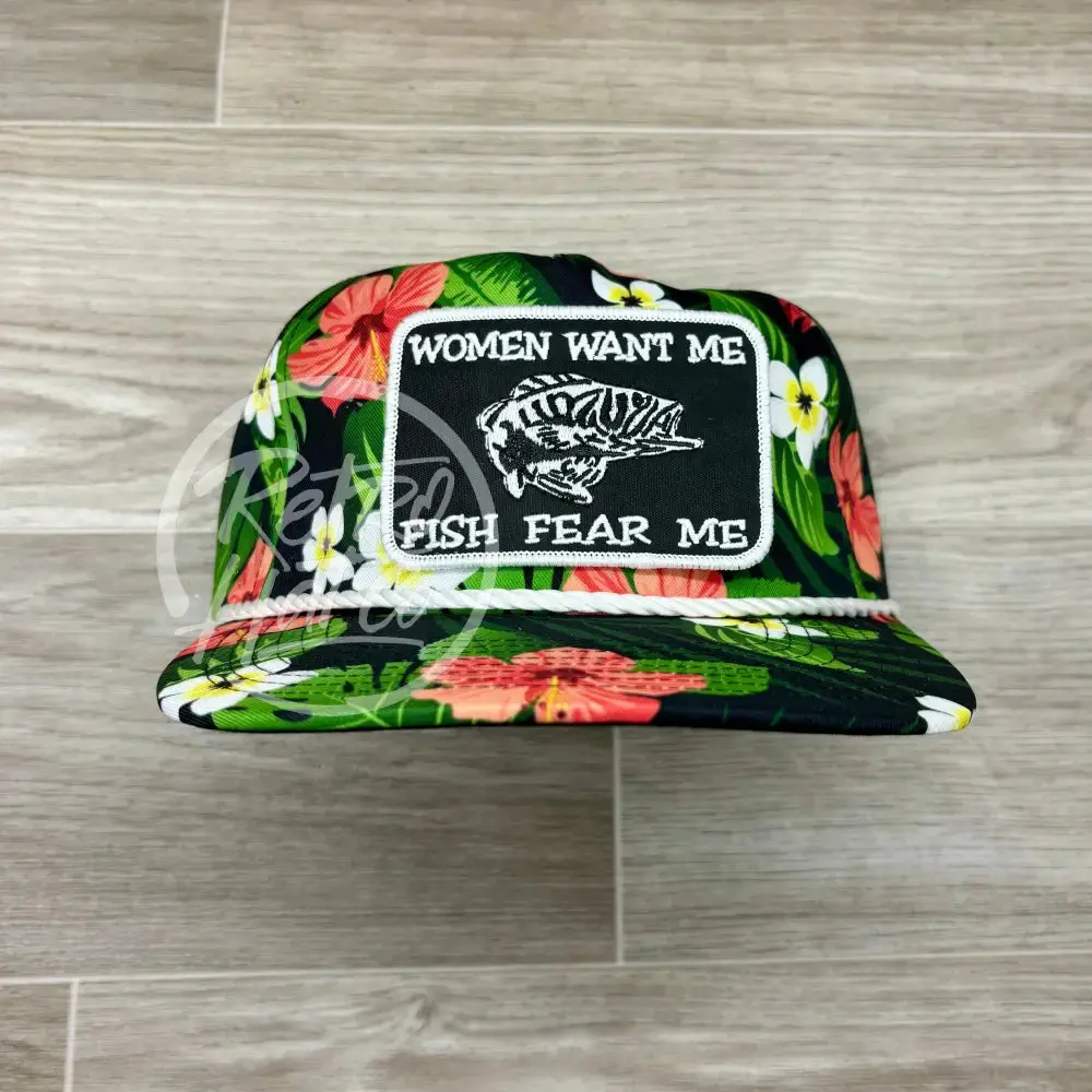 Women Want Me / Fish Fear Me On Black Hawaiian Retro Rope Hat W/Leather Strap Back 1