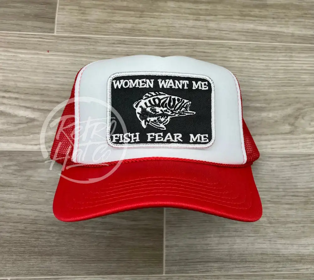 Women Want Me / Fish Fear Me On Red/White Meshback Trucker Hat 1