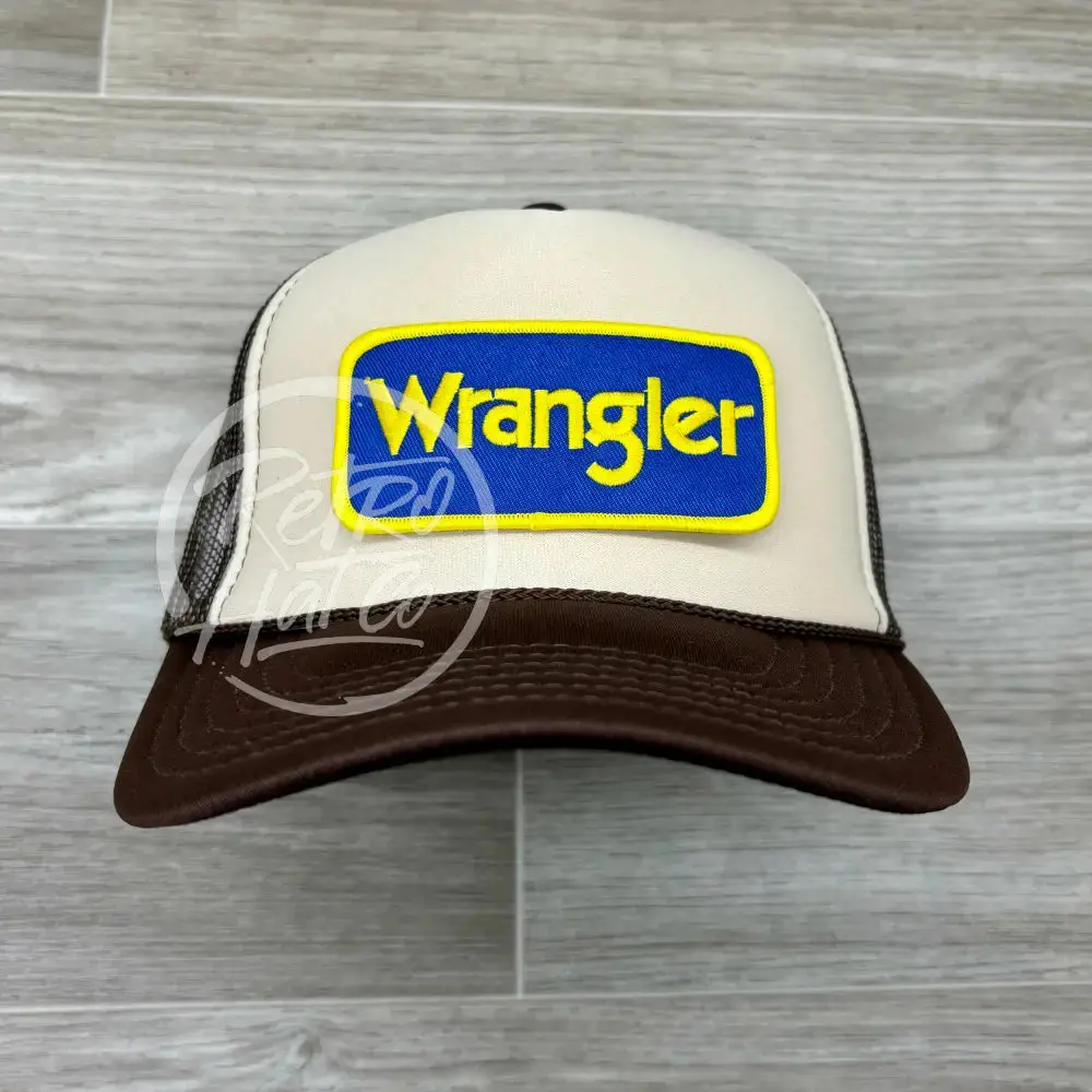 Wrangler (Blue) Patch On Brown/Beige Meshback Trucker Hat 1