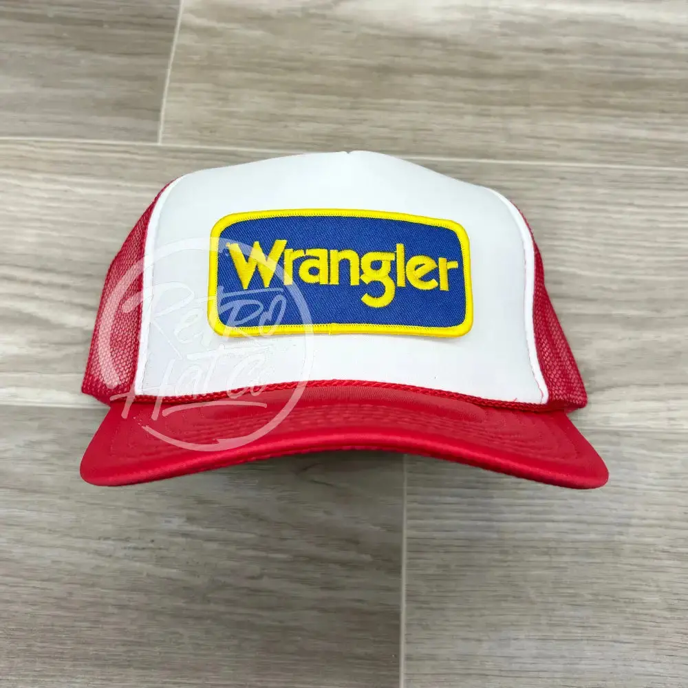 Wrangler (Blue) Patch On Red/White Meshback Trucker Hat 1