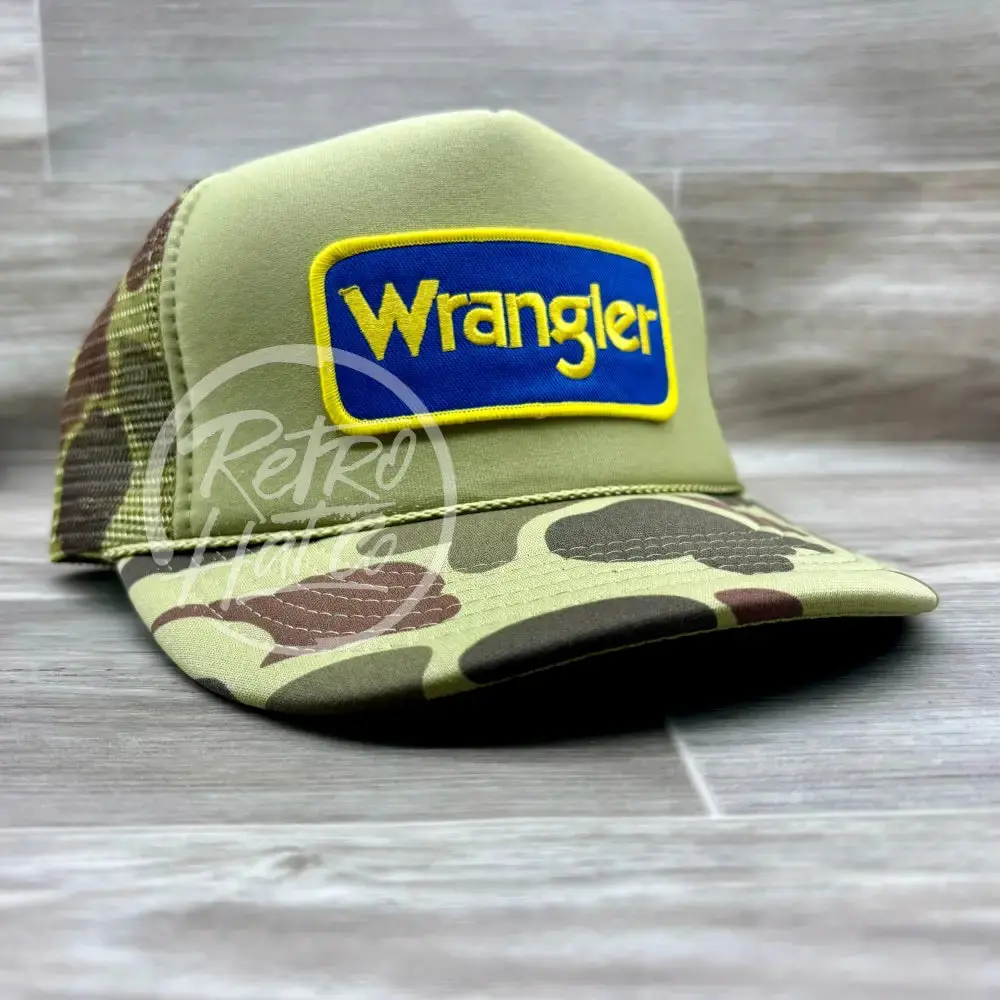 Wrangler (Blue) Patch On Solid Front Camo Meshback Trucker Hat 1