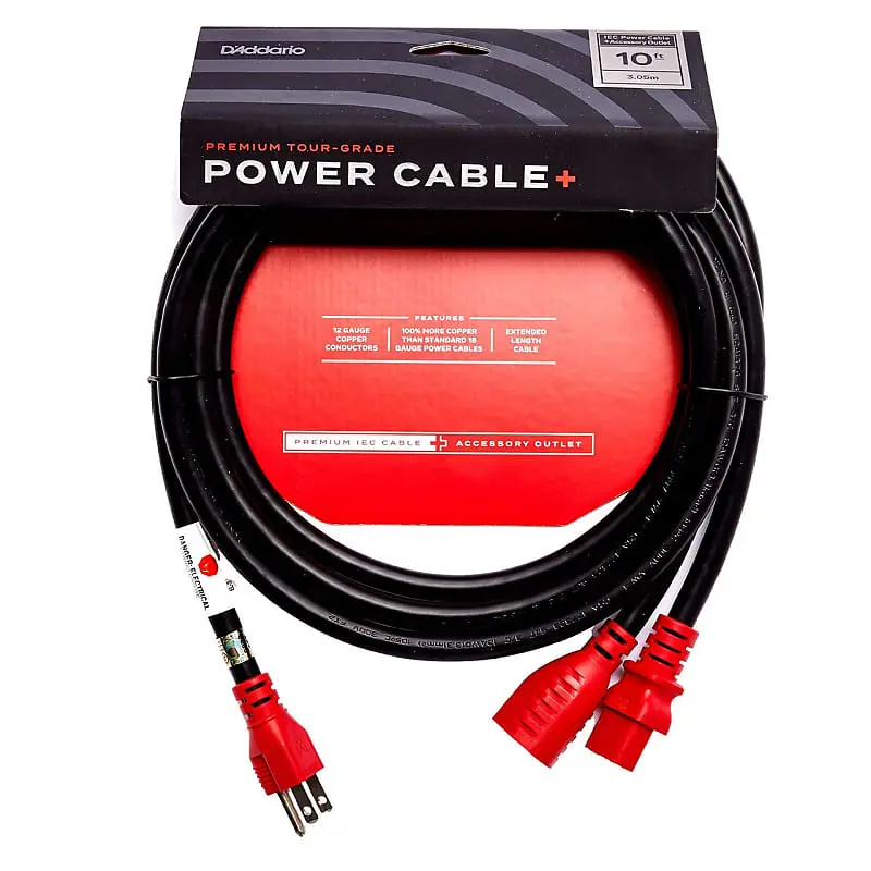 D'addario Pw-Iecpb-10 Iec Power Cable W/Nema 5-15R Outlet - 10 Ft. - Black/Red Finish 1